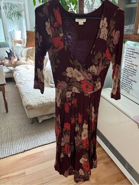 Maeve Anthropologie Wrap-Style Floral Midi Dress in Wine - 3/4 Sleeve